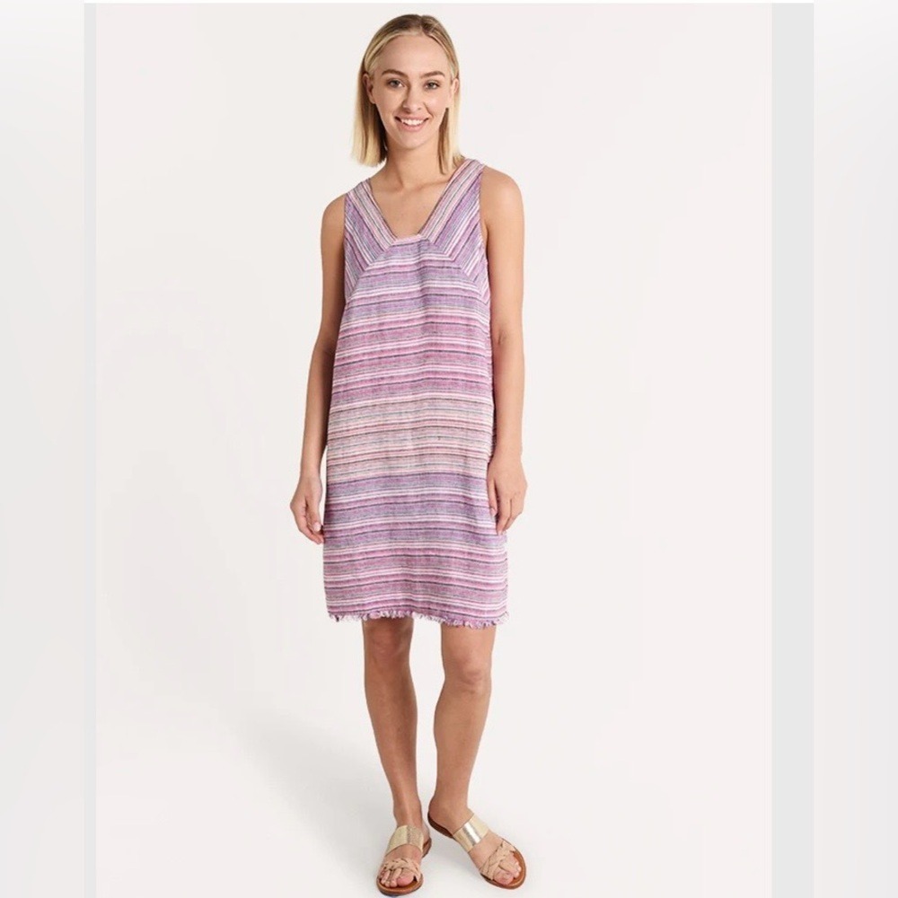 Tommy Bahama Micronesia Stripe Shift Dress 100% Linen Size Medium Raw Hem